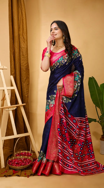 Mayawye Women's Soft Dola Cotton Kalamkari Printed Saree With Unstitched Blouse 5.5Mtr (Navy Blue)