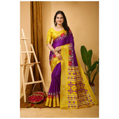 Mayawye Women's Soft Dola Cotton Kalamkari Printed Saree With Unstitched Blouse 5.5Mtr (Purple)