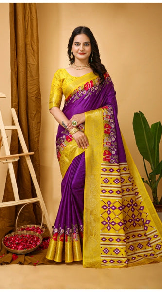 Mayawye Women's Soft Dola Cotton Kalamkari Printed Saree With Unstitched Blouse 5.5Mtr (Purple)