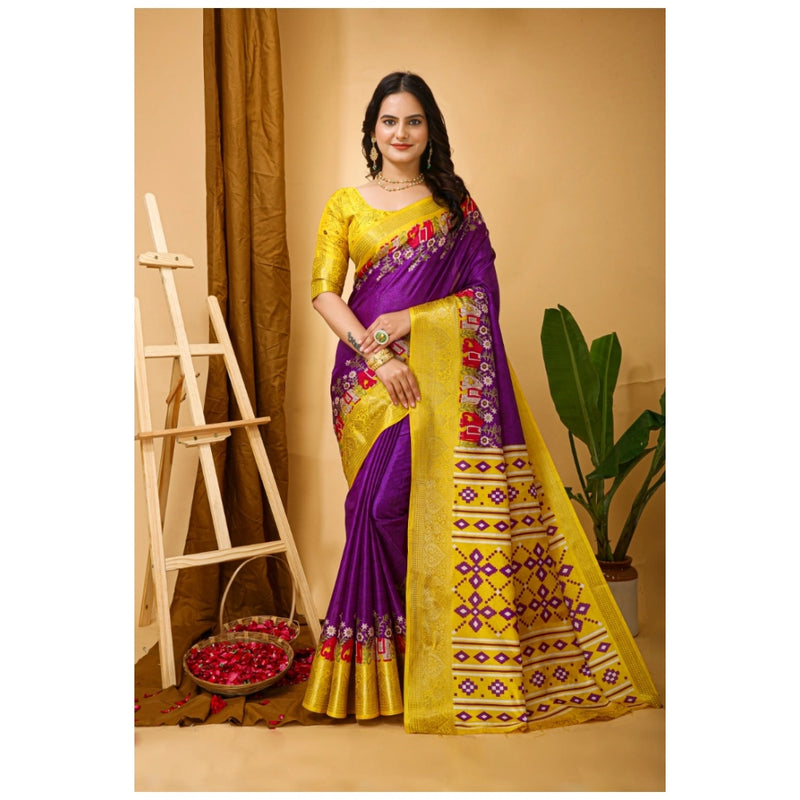 Mayawye Women's Soft Dola Cotton Kalamkari Printed Saree With Unstitched Blouse 5.5Mtr (Purple)