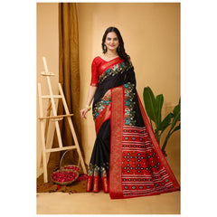 Mayawye Women's Soft Dola Cotton Kalamkari Printed Saree With Unstitched Blouse 5.5Mtr (Black)