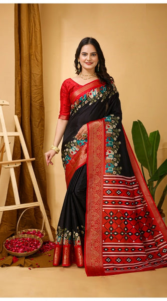 Mayawye Women's Soft Dola Cotton Kalamkari Printed Saree With Unstitched Blouse 5.5Mtr (Black)