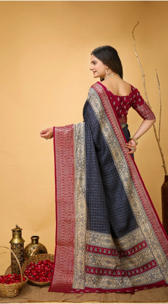 Mayawye Women's Soft Dola Cotton Kalamkari Printed Saree With Unstitched Blouse 5.5Mtr (Grey)
