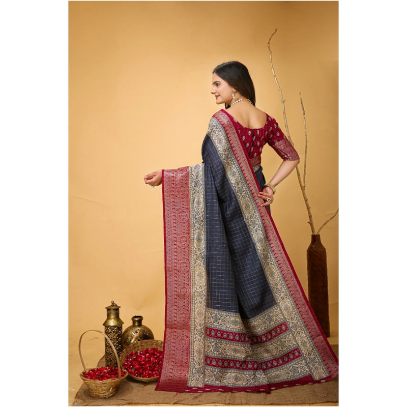 Mayawye Women's Soft Dola Cotton Kalamkari Printed Saree With Unstitched Blouse 5.5Mtr (Grey)