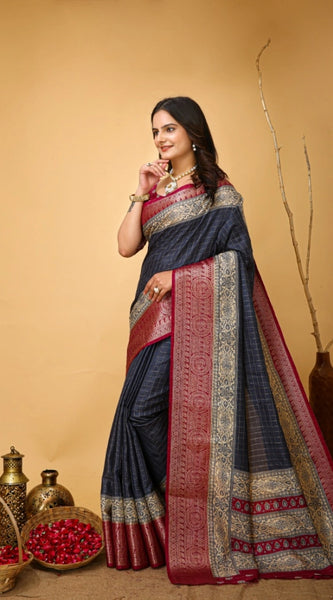 Mayawye Women's Soft Dola Cotton Kalamkari Printed Saree With Unstitched Blouse 5.5Mtr (Grey)