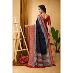 Mayawye Women's Soft Dola Cotton Kalamkari Printed Saree With Unstitched Blouse 5.5Mtr (Navy Blue)