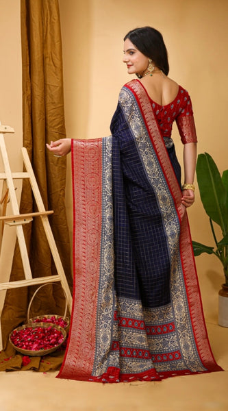 Mayawye Women's Soft Dola Cotton Kalamkari Printed Saree With Unstitched Blouse 5.5Mtr (Navy Blue)