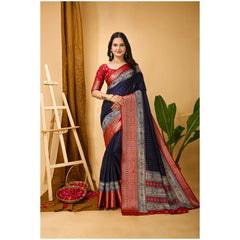 Mayawye Women's Soft Dola Cotton Kalamkari Printed Saree With Unstitched Blouse 5.5Mtr (Navy Blue)