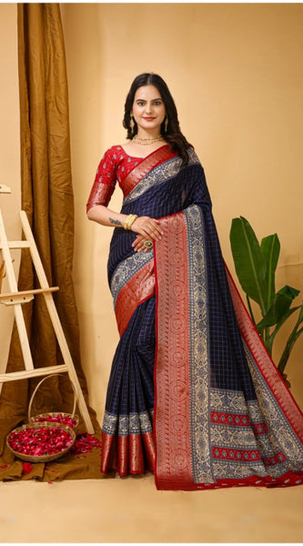 Mayawye Women's Soft Dola Cotton Kalamkari Printed Saree With Unstitched Blouse 5.5Mtr (Navy Blue)