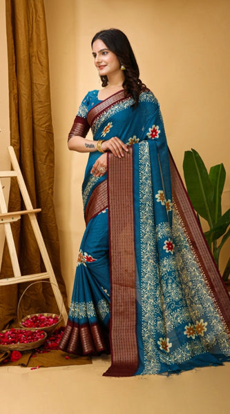 Mayawye Women's Soft Blooming Marshmallow Fabric Kalamkari Printed Saree With Unstitched Blouse 5.5Mtr (Blue)