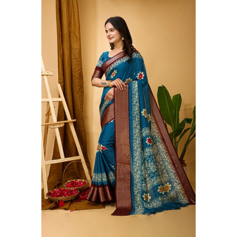 Mayawye Women's Soft Blooming Marshmallow Fabric Kalamkari Printed Saree With Unstitched Blouse 5.5Mtr (Blue)
