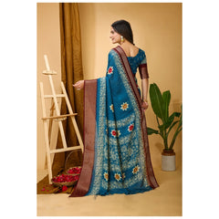 Mayawye Women's Soft Blooming Marshmallow Fabric Kalamkari Printed Saree With Unstitched Blouse 5.5Mtr (Blue)