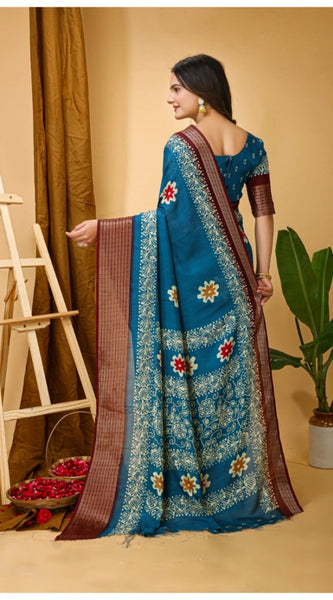 Mayawye Women's Soft Blooming Marshmallow Fabric Kalamkari Printed Saree With Unstitched Blouse 5.5Mtr (Blue)