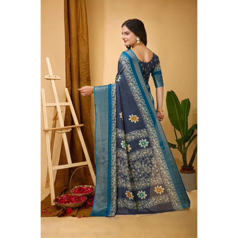 Mayawye Women's Soft Blooming Marshmallow Fabric Kalamkari Printed Saree With Unstitched Blouse 5.5Mtr (Grey)