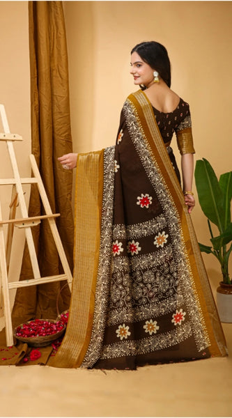Mayawye Women's Soft Blooming Marshmallow Fabric Kalamkari Printed Saree With Unstitched Blouse 5.5Mtr (Brown)