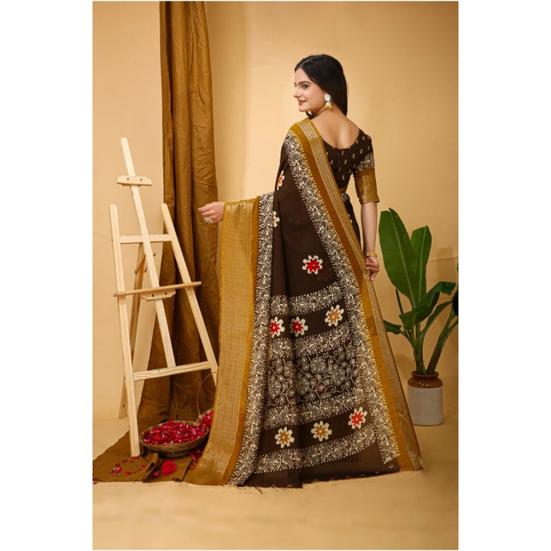 Mayawye Women's Soft Blooming Marshmallow Fabric Kalamkari Printed Saree With Unstitched Blouse 5.5Mtr (Brown)