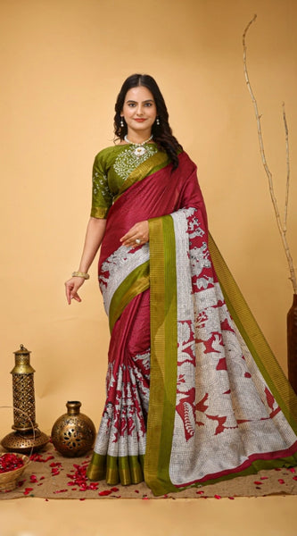 Mayawye Women's Soft Handloom Cotton Kalamkari Printed Saree With Unstitched Blouse 5.5Mtr (Maroon)
