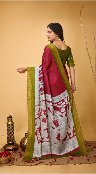 Mayawye Women's Soft Handloom Cotton Kalamkari Printed Saree With Unstitched Blouse 5.5Mtr (Maroon)