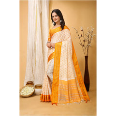 Mayawye Women's Soft Cotton Silk Printed Saree With Unstitched Blouse 5.5Mtr (Yellow)
