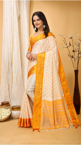 Mayawye Women's Soft Cotton Silk Printed Saree With Unstitched Blouse 5.5Mtr (Yellow)