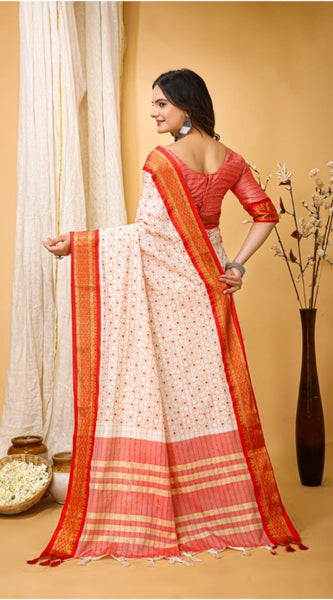 Mayawye Women's Soft Cotton Silk Printed Saree With Unstitched Blouse 5.5Mtr (Red)