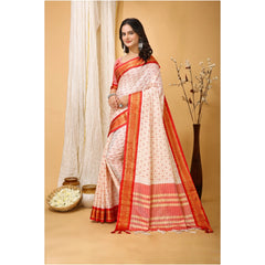 Mayawye Women's Soft Cotton Silk Printed Saree With Unstitched Blouse 5.5Mtr (Red)