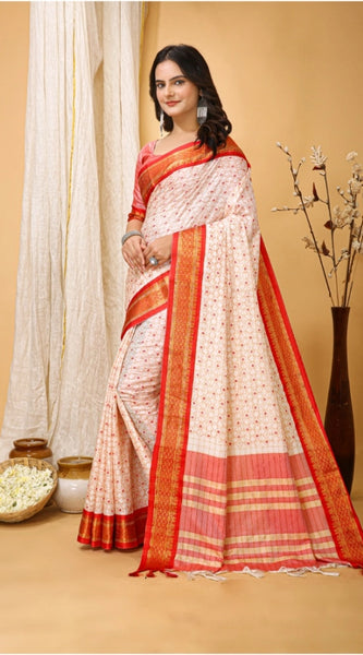 Mayawye Women's Soft Cotton Silk Printed Saree With Unstitched Blouse 5.5Mtr (Red)