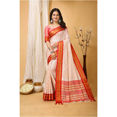 Mayawye Women's Soft Cotton Silk Printed Saree With Unstitched Blouse 5.5Mtr (Red)