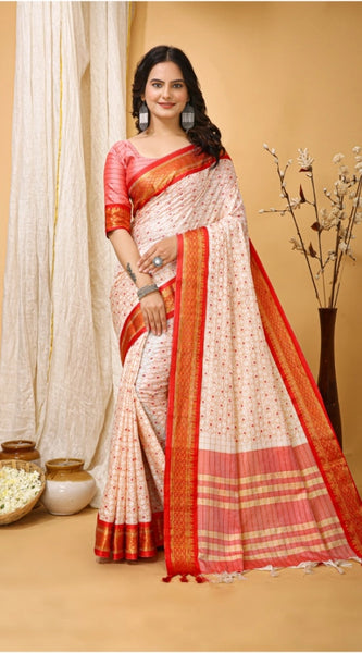 Mayawye Women's Soft Cotton Silk Printed Saree With Unstitched Blouse 5.5Mtr (Red)