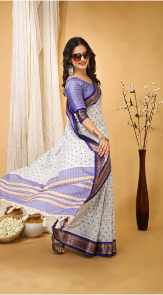Mayawye Women's Soft Cotton Silk Printed Saree With Unstitched Blouse 5.5Mtr (Purple)
