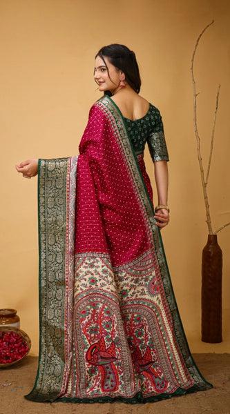 Mayawye Women's Soft Dola Cotton Kalamkari Printed Saree With Unstitched Blouse 5.5Mtr (Maroon)