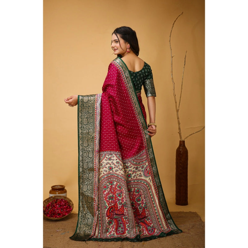 Mayawye Women's Soft Dola Cotton Kalamkari Printed Saree With Unstitched Blouse 5.5Mtr (Maroon)