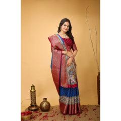 Mayawye Women's Soft Dola Cotton Kalamkari Printed Saree With Unstitched Blouse 5.5Mtr (Blue)