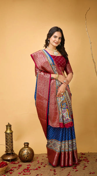 Mayawye Women's Soft Dola Cotton Kalamkari Printed Saree With Unstitched Blouse 5.5Mtr (Blue)