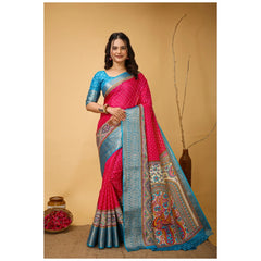 Mayawye Women's Soft Dola Cotton Kalamkari Printed Saree With Unstitched Blouse 5.5Mtr (Pink)