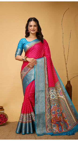 Mayawye Women's Soft Dola Cotton Kalamkari Printed Saree With Unstitched Blouse 5.5Mtr (Pink)