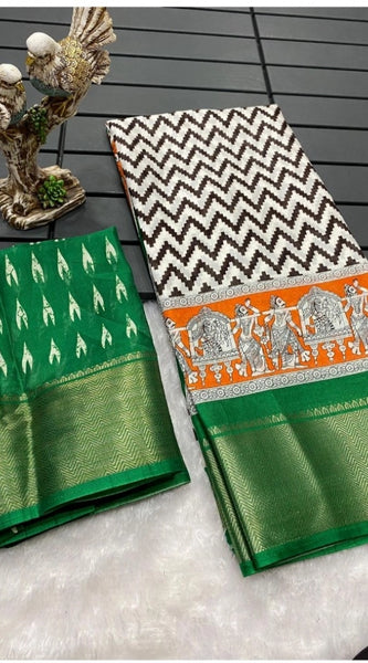 Mayawye Women's Soft Dola Cotton Kalamkari Printed Saree With Unstitched Blouse 5.5Mtr (Green)