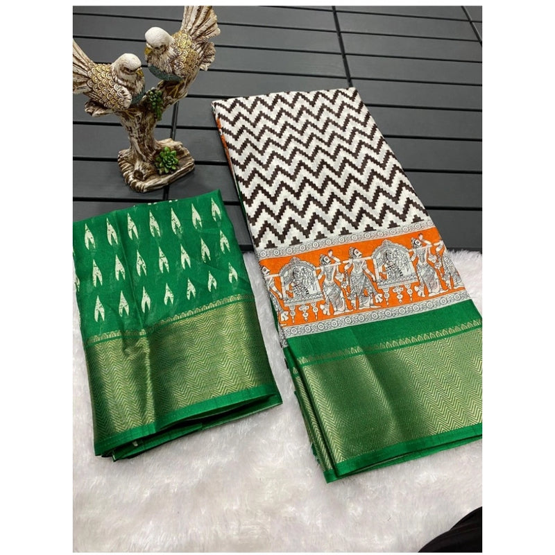 Mayawye Women's Soft Dola Cotton Kalamkari Printed Saree With Unstitched Blouse 5.5Mtr (Green)