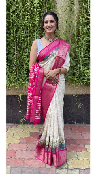 Mayawye Women's Soft Dola Cotton Kalamkari Printed Saree With Unstitched Blouse 5.5Mtr (White)