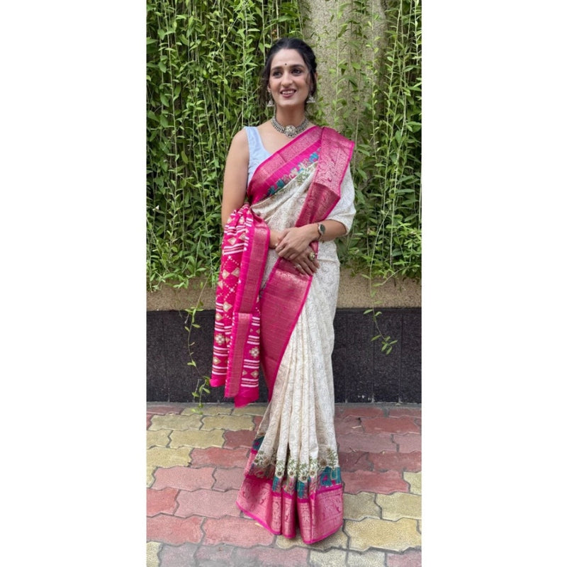 Mayawye Women's Soft Dola Cotton Kalamkari Printed Saree With Unstitched Blouse 5.5Mtr (White)