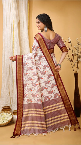 Mayawye Women's Soft Cotton Silk Printed Saree With Unstitched Blouse 5.5Mtr (Maroon)