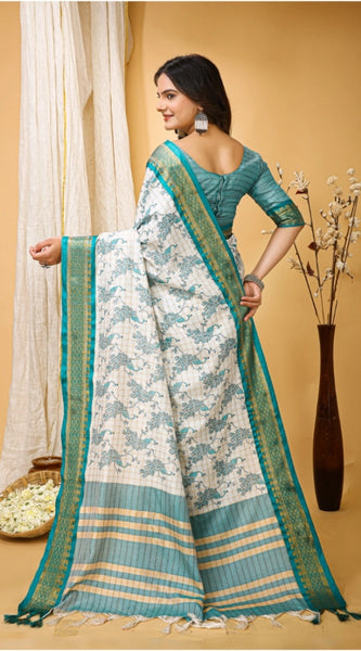 Mayawye Women's Soft Cotton Silk Printed Saree With Unstitched Blouse 5.5Mtr (Turquoise)