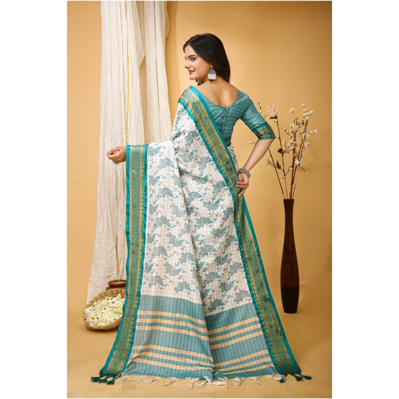 Mayawye Women's Soft Cotton Silk Printed Saree With Unstitched Blouse 5.5Mtr (Turquoise)