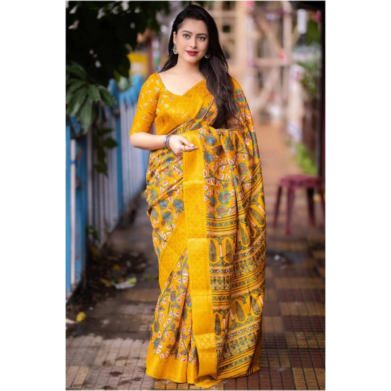 Mayawye Women's Soft Dola Cotton Kalamkari Printed Saree With Unstitched Blouse 5.5Mtr (Yellow)
