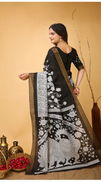 Mayawye Women's Soft Handloom Cotton Kalamkari Printed Saree With Unstitched Blouse 5.5Mtr (Black)