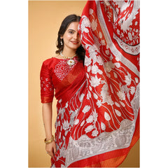 Mayawye Women's Soft Handloom Cotton Kalamkari Printed Saree With Unstitched Blouse 5.5Mtr (Red)