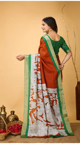 Mayawye Women's Soft Handloom Cotton Kalamkari Printed Saree With Unstitched Blouse 5.5Mtr (Orange)