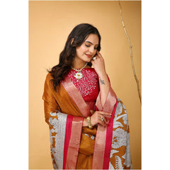 Mayawye Women's Soft Handloom Cotton Kalamkari Printed Saree With Unstitched Blouse 5.5Mtr (Mustard)