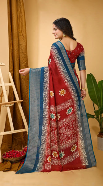 Mayawye Women's Soft Blooming Marshmallow Fabric Kalamkari Printed Saree With Unstitched Blouse 5.5Mtr (Red)