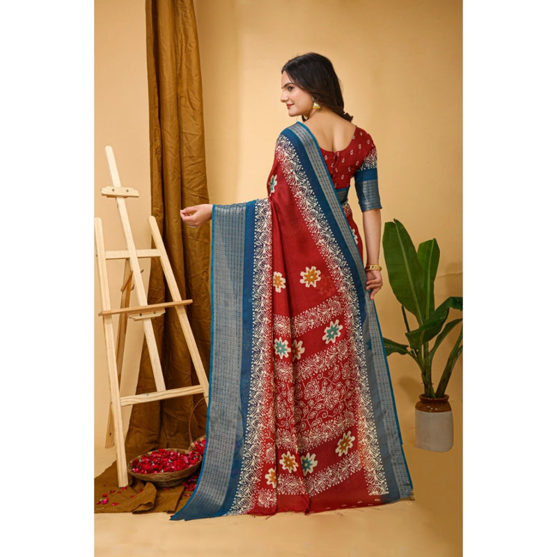 Mayawye Women's Soft Blooming Marshmallow Fabric Kalamkari Printed Saree With Unstitched Blouse 5.5Mtr (Red)